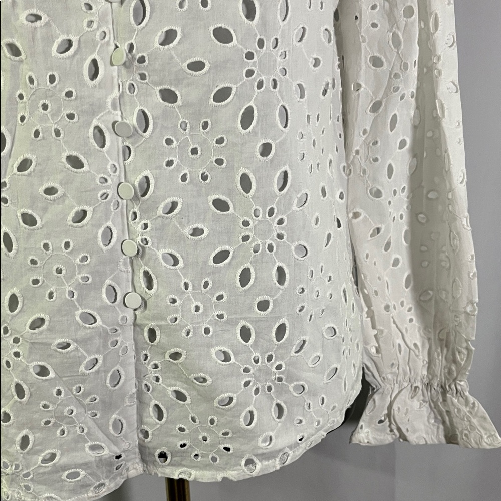 NWT PrettyGarden White Floral Eyelet Long Sleeve Button Front Ruffle Blouse - Picture 8 of 16